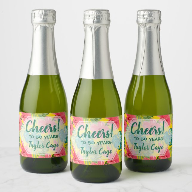 Tropical Flowers Foliage on Bright Yellow Mini Sparkling Wine Label (Bottles)