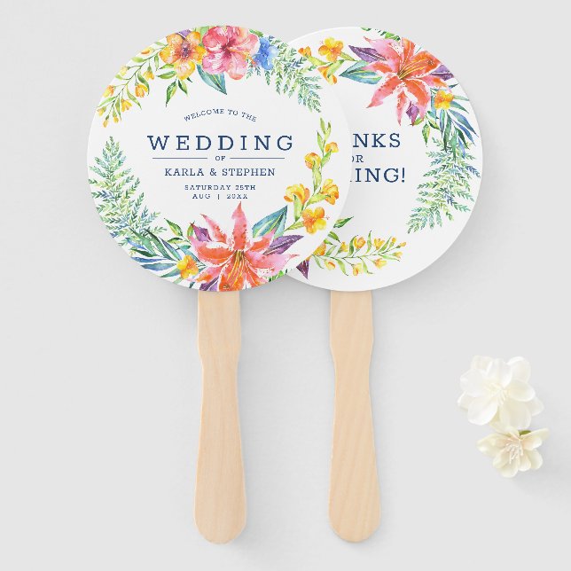 Tropical flowers frame wedding design hand fan (Front and Back)