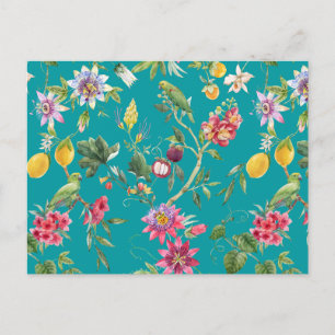 Tropical Flowers, Fruit and Birds Teal   Postcard