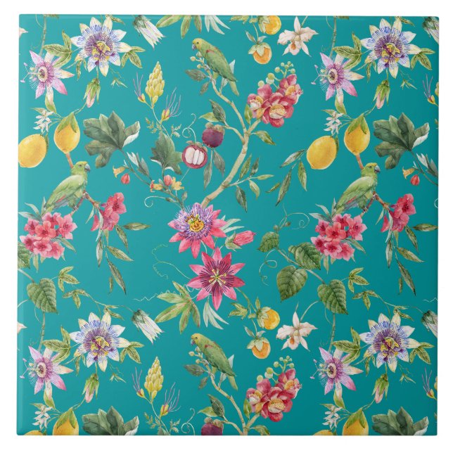 Tropical Flowers, Fruit and Birds Teal   Tile (Front)