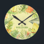 Tropical Flowers Fruit Greenery Round Clock<br><div class="desc">Your name is featured on a clock with watercolor tropical flowers,  fruits and greenery on a soft pale green background. MATCHING items in our store.</div>