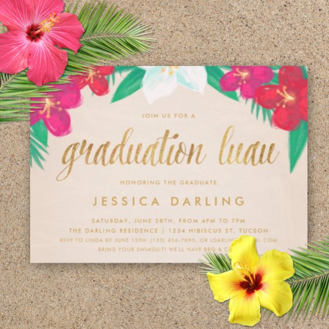 Tropical Flowers Gold Graduation Luau Invitation (Graduation Luau Party Invitation)