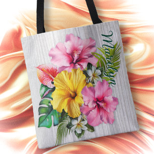 Tropical Flowers Gray Wood Personalized AOP Tote Bag