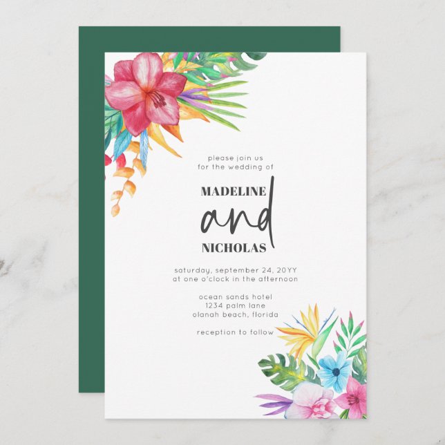 Tropical Flowers Greenery Wedding Invitation (Front/Back)