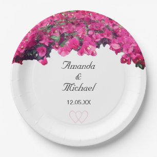 Tropical flowers & hearts wedding paper plate