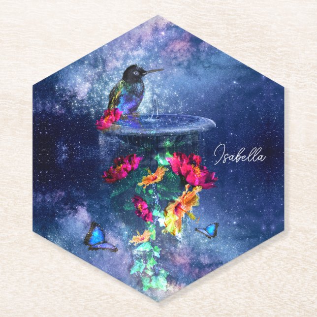 Tropical flowers,hummingbird,butterfly and stars paper coaster (Front)