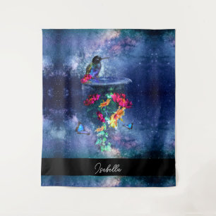  Tropical flowers,hummingbird,butterfly and stars Tapestry