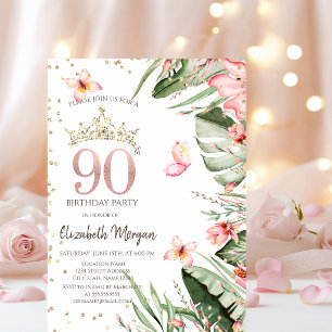 Tropical Flowers Leaves Diamonds 90th Birthday Invitation