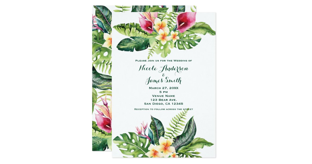 Tropical Flowers Leaves Floral Wedding Invitations