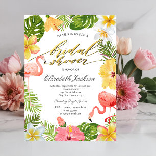 Tropical Flowers Leaves Pink Flamingos Invitation
