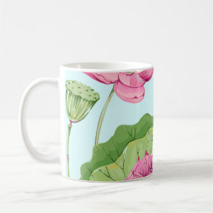 Tropical flowers, leaves, pink lotus, water lily,  coffee mug