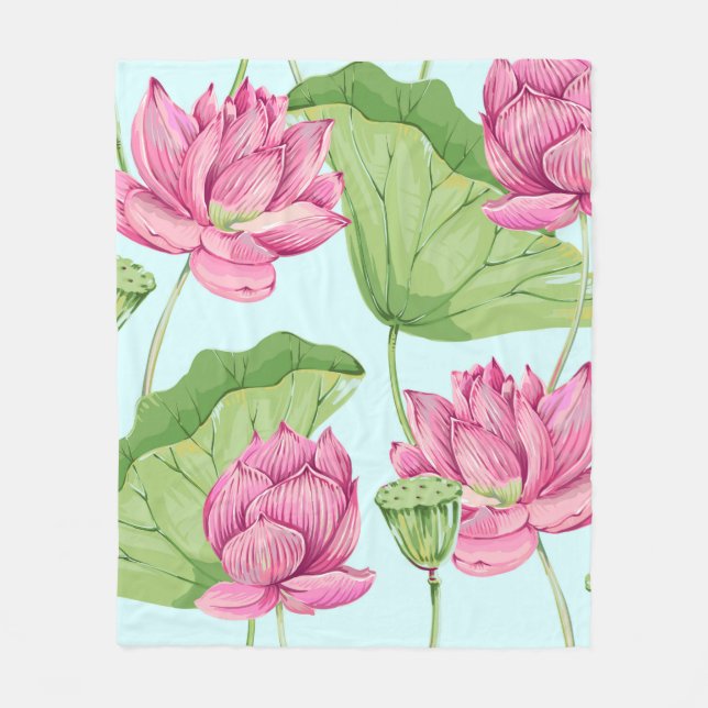 Tropical flowers, leaves, pink lotus, water lily,  fleece blanket (Front)
