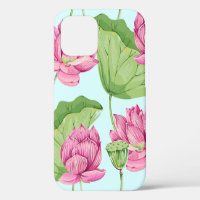 Tropical flowers, leaves, pink lotus, water lily,