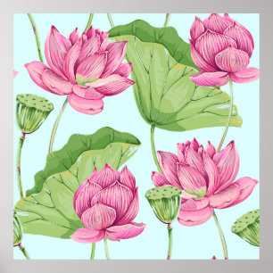 Tropical flowers, leaves, pink lotus, water lily,  poster