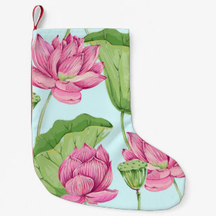 Tropical flowers, leaves, pink lotus, water lily,  small christmas stocking