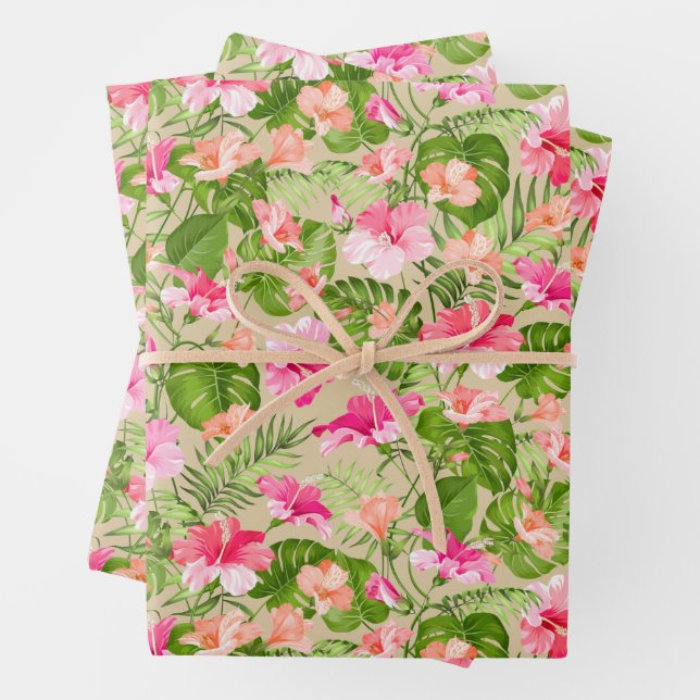 Tropical Flowers Leaves Wrapping Paper Sheet (In situ)