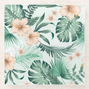 Tropical flowers, lush foliage pattern. glass coaster