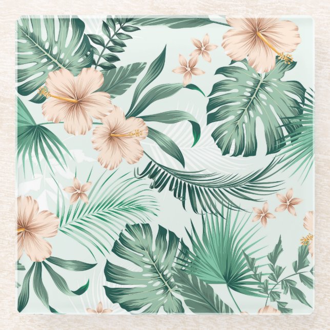 Tropical flowers, lush foliage pattern. glass coaster (Front)