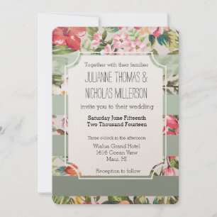 Tropical Flowers Mint Stripes Wedding Invitation
