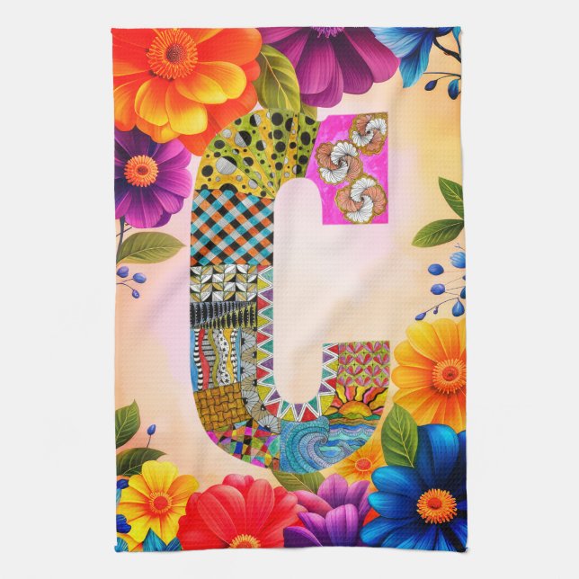 Tropical Flowers Monogram C Kitchen Towel (Vertical)