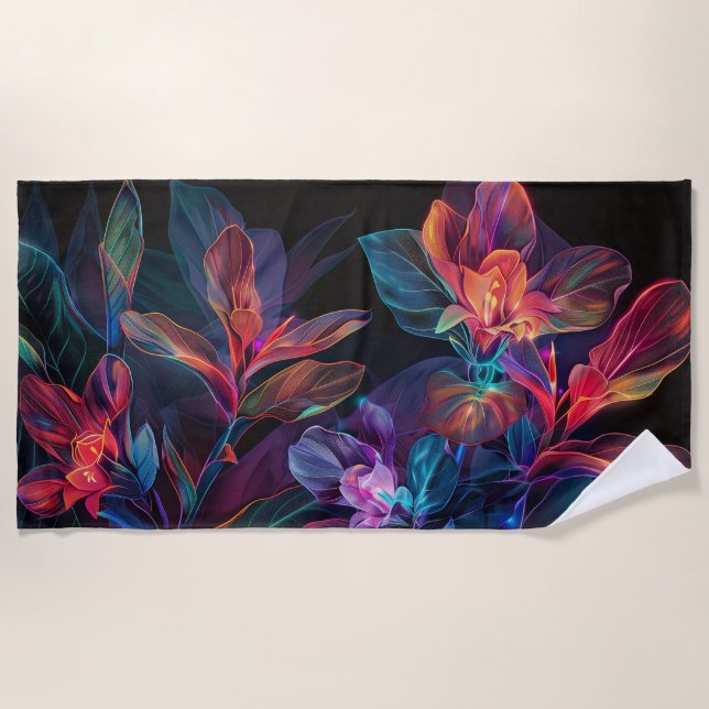 Tropical flowers. Neon. Beach Towel (Front)
