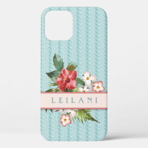 Tropical Flowers   Ocean Wave Aqua/Coral Custom iPhone 12 Case