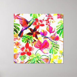 Tropical Flowers Orchid And Humming Birds Canvas Print