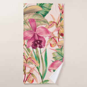 Tropical flowers, orchid flower, jungle leaves, mo bath towel