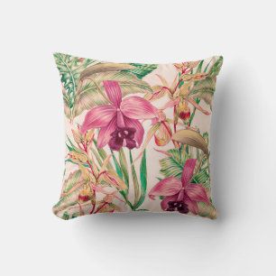 Tropical flowers, orchid flower, jungle leaves, mo cushion