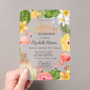 Tropical Flowers Palm Flamingos Dress Sweet 16 Acrylic Invitations
