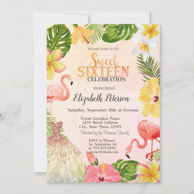 Tropical Flowers Palm Flamingos Dress Sweet 16 Invitation (Front)