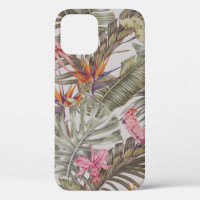 Tropical flowers, palm leaves, bird of paradise