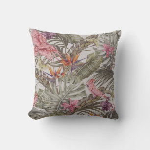 Tropical flowers,  palm leaves,  bird of paradise  cushion