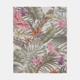 Tropical flowers,  palm leaves,  bird of paradise  fleece blanket