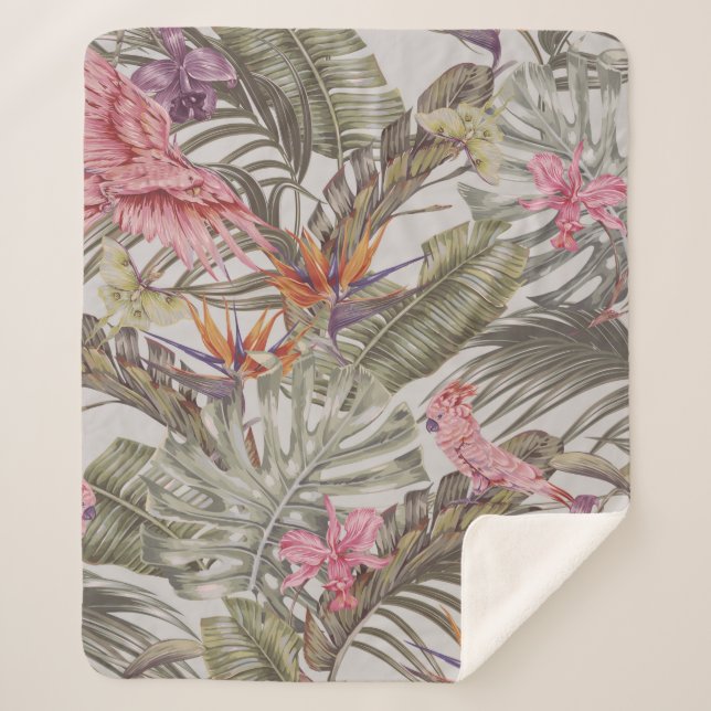 Tropical flowers,  palm leaves,  bird of paradise  sherpa blanket (Front)