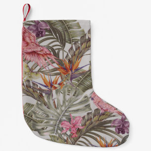Tropical flowers,  palm leaves,  bird of paradise  small christmas stocking