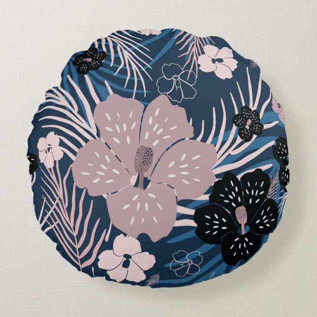 Tropical Flowers Palm Leaves Texture Round Cushion (Front)