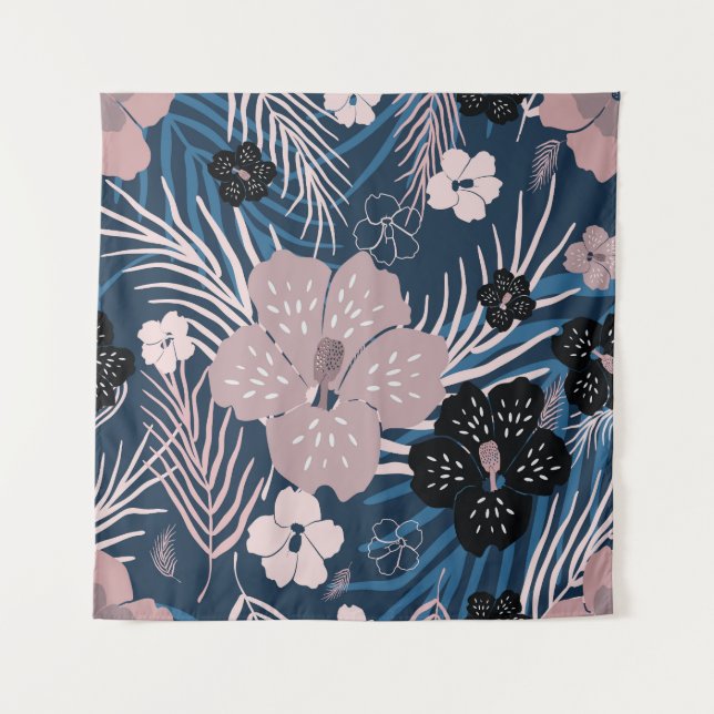 Tropical Flowers Palm Leaves Texture Tapestry (Front)