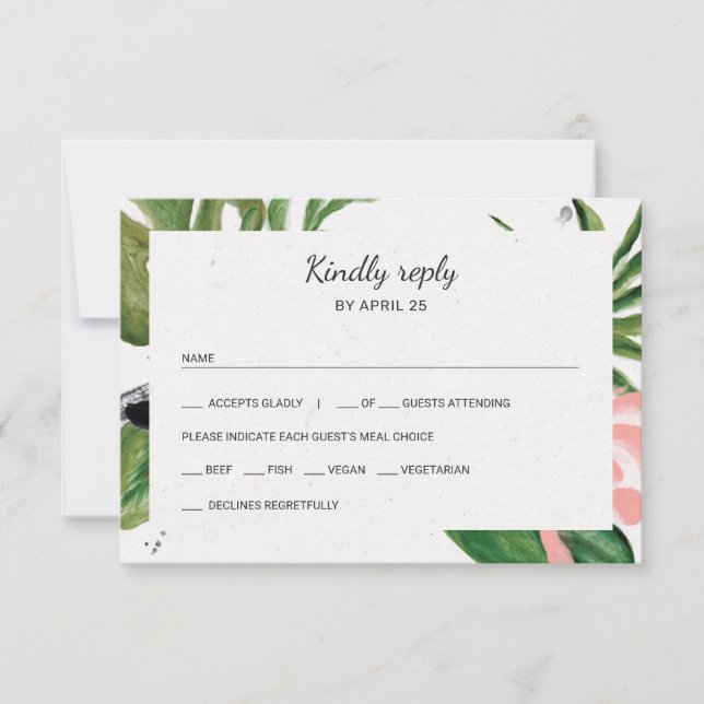 Tropical flowers photo meal choice wedding RSVP Card (Front)