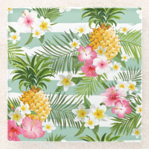 Tropical Flowers & Pineapple On Teal Stripes 2 Glass Coaster
