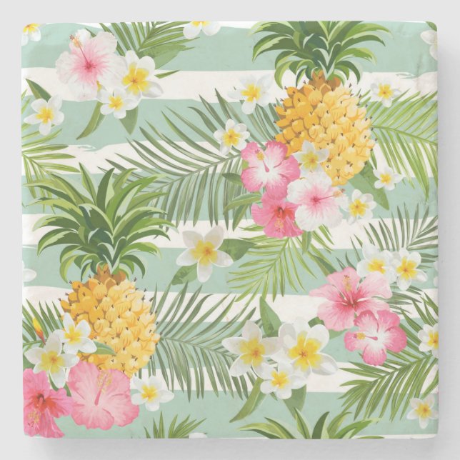 Tropical Flowers & Pineapple On Teal Stripes 2 Stone Coaster (Front)