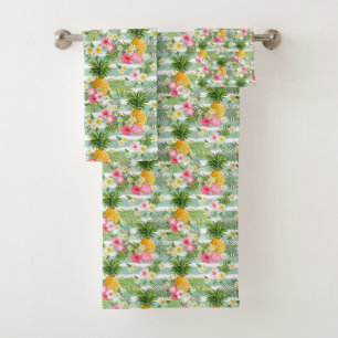 Tropical Flowers & Pineapple On Teal Stripes Bath Towel Set
