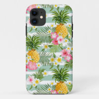 Tropical Flowers & Pineapple On Teal Stripes