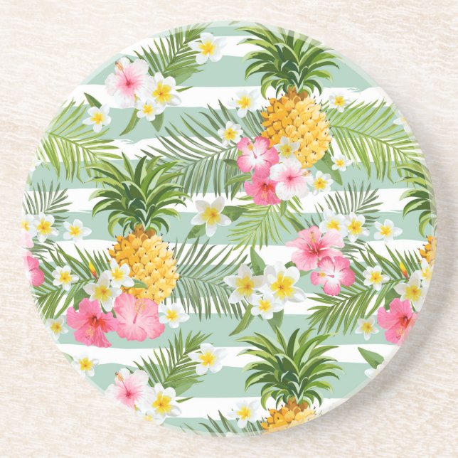 Tropical Flowers & Pineapple On Teal Stripes Coaster (Front)