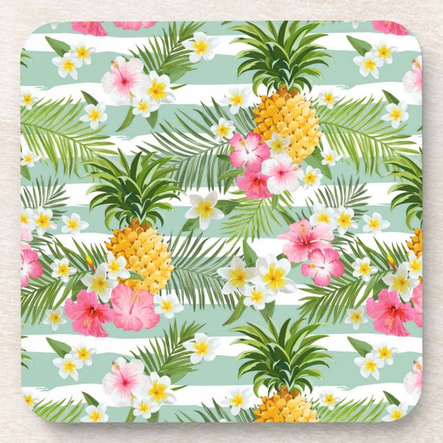 Tropical Flowers & Pineapple On Teal Stripes Coaster (Front)