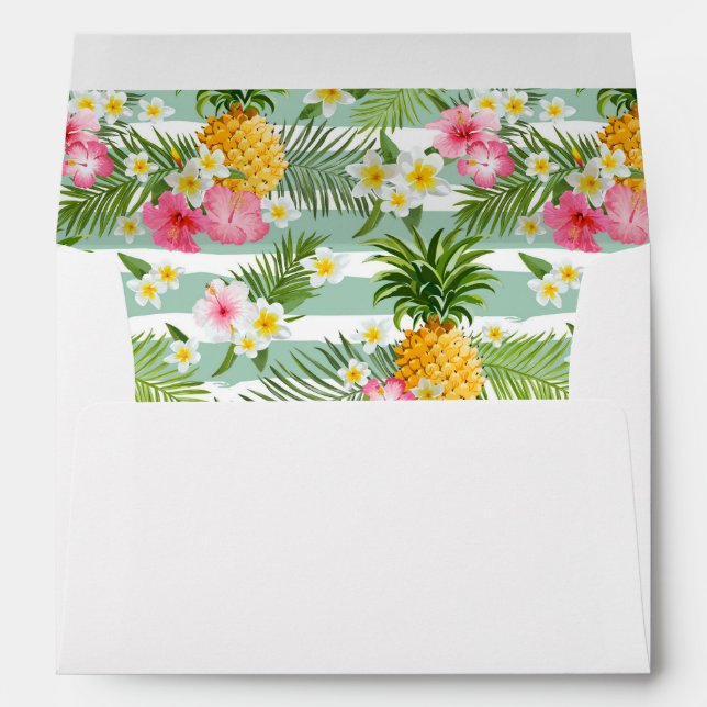 Tropical Flowers & Pineapple On Teal Stripes Envelopes (Back (Bottom))