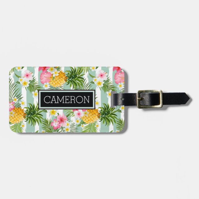 Tropical Flowers & Pineapple On Teal Stripes Luggage Tag (Front Horizontal)