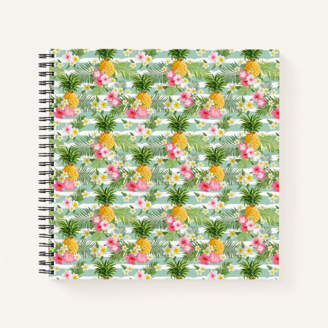Tropical Flowers & Pineapple On Teal Stripes Notebook (Front)