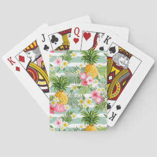 Tropical Flowers & Pineapple On Teal Stripes Playing Cards