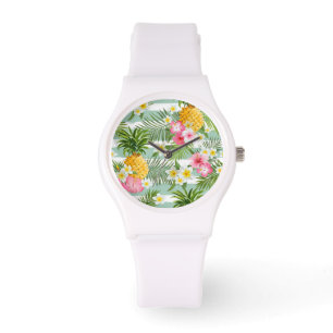 Tropical Flowers & Pineapple On Teal Stripes Watch